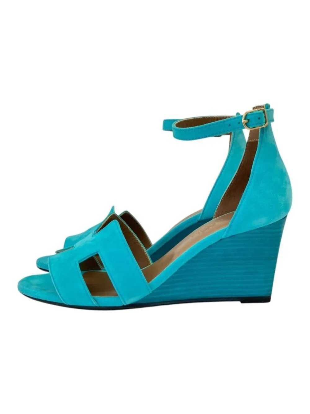 Hermes Legend H Motif Wedge Sole Sandals Turquoise Blue